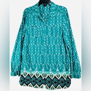 New Directions Teal Aztec Patterned Blouse, Sz XL!